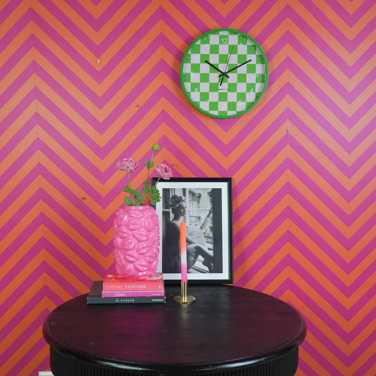 Wandklok - blokpatroon groen/roze - 34x4x34cm 4 Wandklok - blokpatroon groen/roze - 34x4x34cm