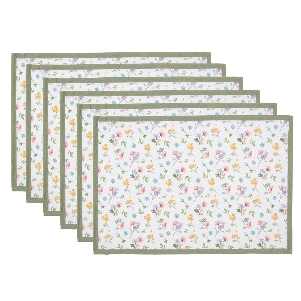 Placemats - wit groen bloemen - 48x33 cm - Set van 6 1 Placemats - wit groen bloemen - 48x33 cm - Set van 6