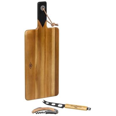 Retro serveerplank met kaasmes en wijnfles opener
