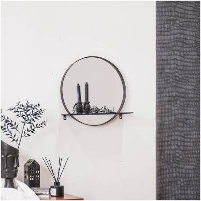 Spiegel - Metaal - Met Plank - Zwart - Ø40cm