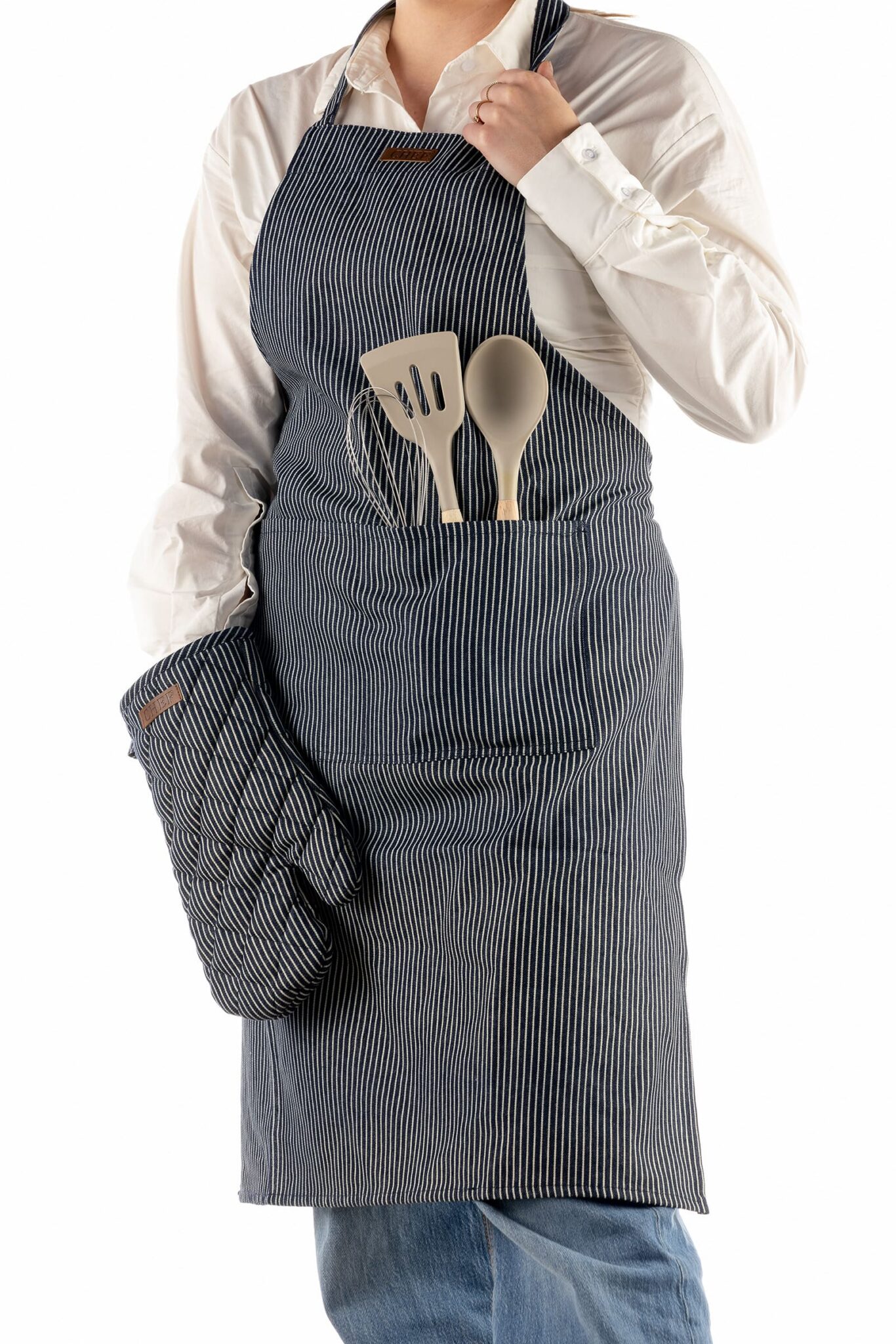 Textino - Denim kookschort met 2 ovenwanten 2 Textino - Denim kookschort met 2 ovenwanten