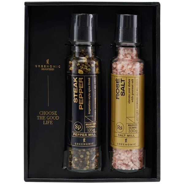 Geschenken 5 Greenomic geschenkbox - kruidenmolens - Rosé zout & Steak pepper