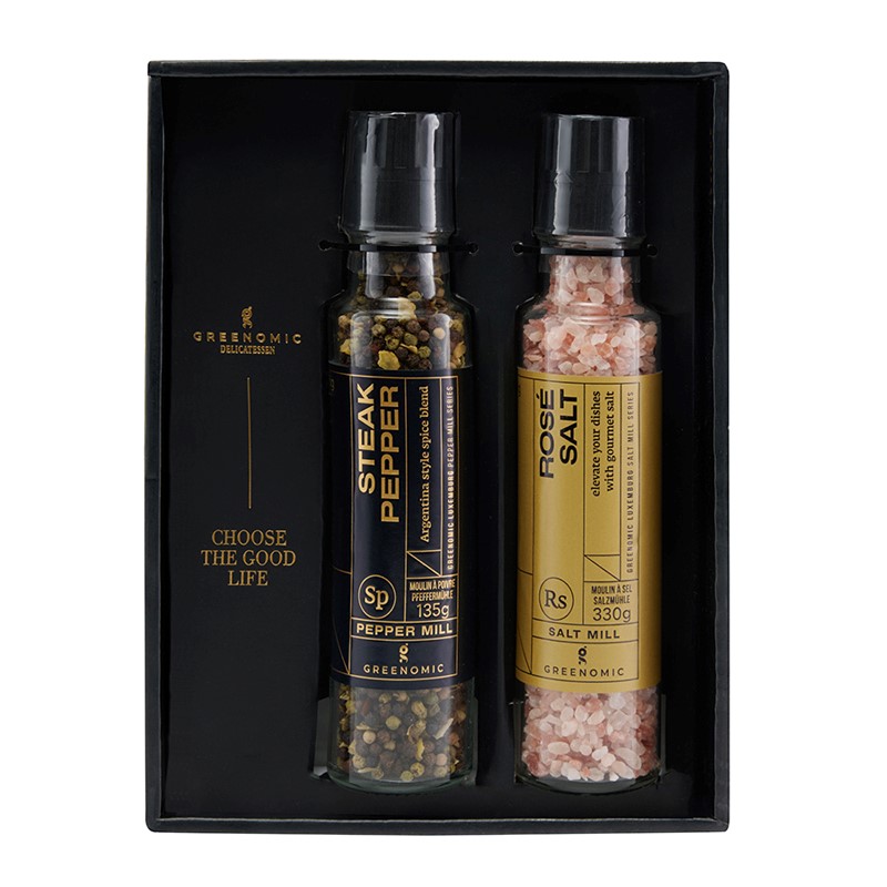 Greenomic geschenkbox - kruidenmolens - Rosé zout & Steak pepper 1 Greenomic geschenkbox - kruidenmolens - Rosé zout & Steak pepper