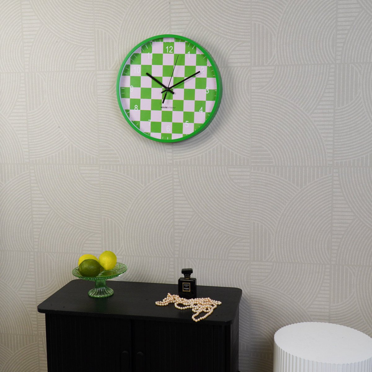 Wandklok - blokpatroon groen/roze - 34x4x34cm 3 Wandklok - blokpatroon groen/roze - 34x4x34cm