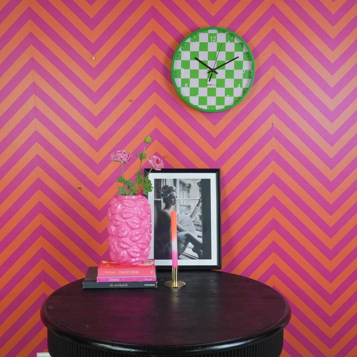 Wandklok - blokpatroon groen/roze - 34x4x34cm 4 Wandklok - blokpatroon groen/roze - 34x4x34cm