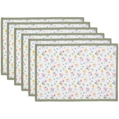 Placemats - wit groen bloemen - 48x33 cm - Set van 6