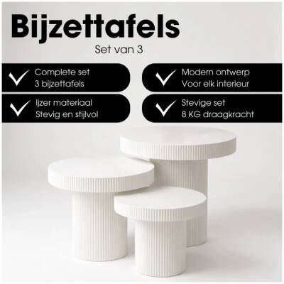 Bijzettafel Lux - Gebroken wit - rond - set van 3
