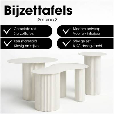 Bijzettafel Lux - Gebroken wit - organisch - set van 3