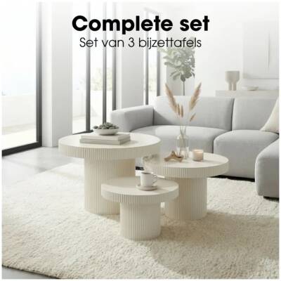 Bijzettafel Lux - Gebroken wit - rond - set van 3